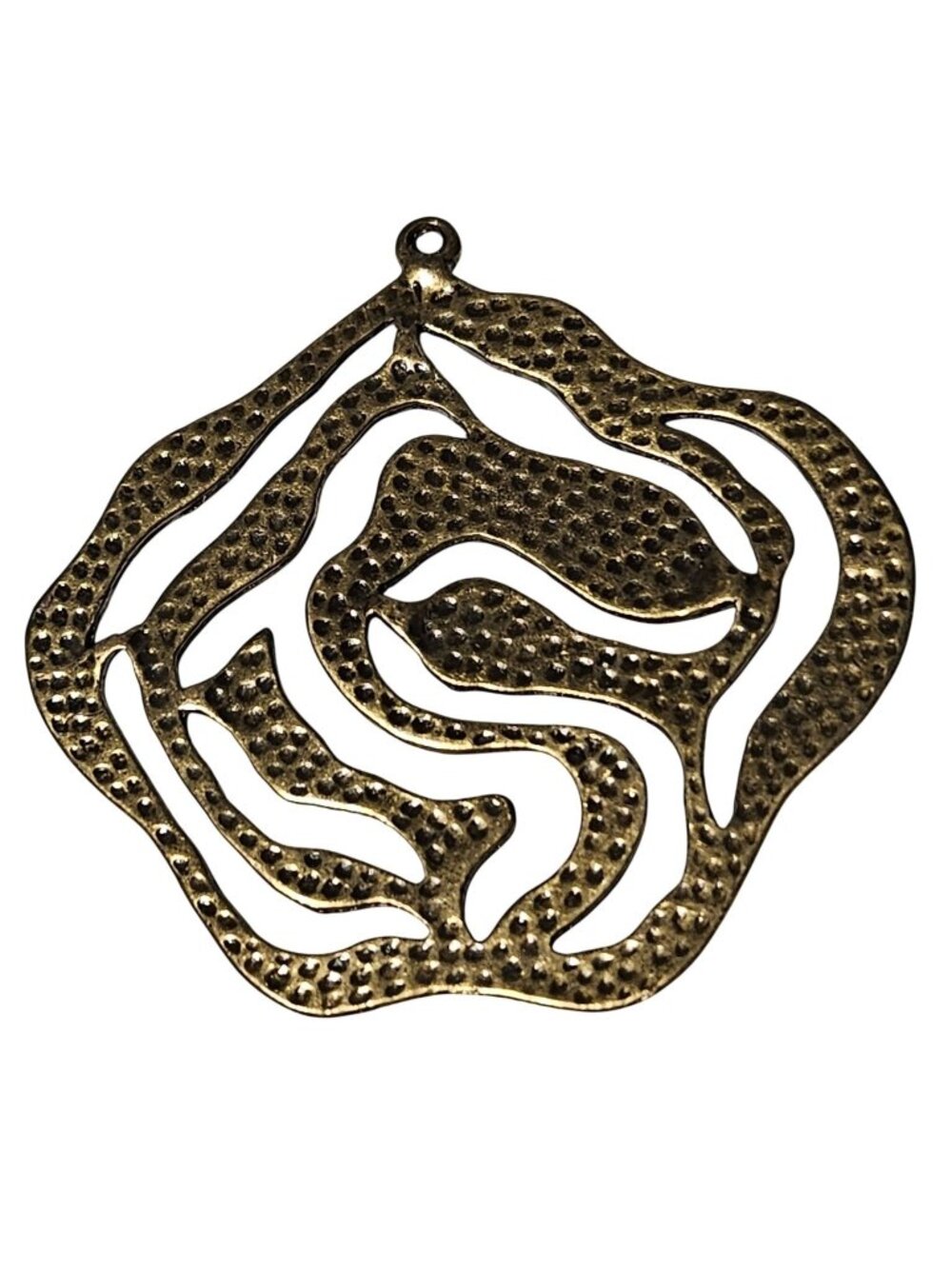 Antiqued Gold Tone Abstract Swirl Pendant Openwork Textured Boho Medallion